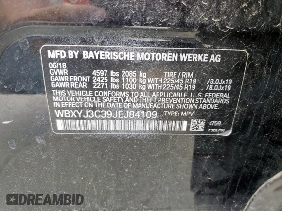 2018 BMW X2 sDrive28i with VIN WBXYJ3C39JEJ84109, listed as a Copart auction lot 53585265 with 123,495 mi miles and Clean title. Bid and sale history available at DreamBid. Image 14.