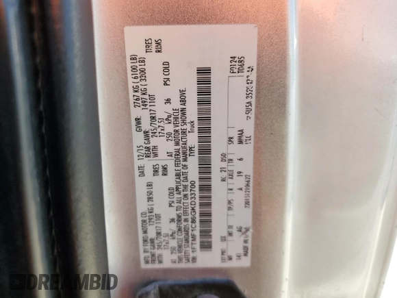 2016 Ford F-150 XL with VIN 1FTMF1C86GKD33700, listed as a Copart auction lot 48743235 with 104,561 mi miles and Salvage title. Bid and sale history available at DreamBid. Image 12.