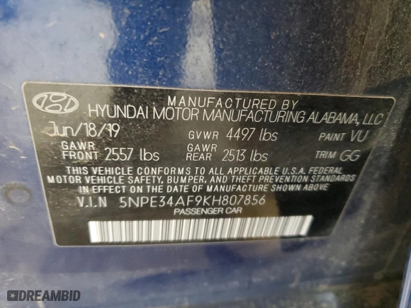 2019 Hyundai Sonata Sport with VIN 5NPE34AF9KH807856, listed as a Copart auction lot 50436445 with 139,951 mi miles and Clean Title. Bid and sale history available at carsss.com. Image 12.