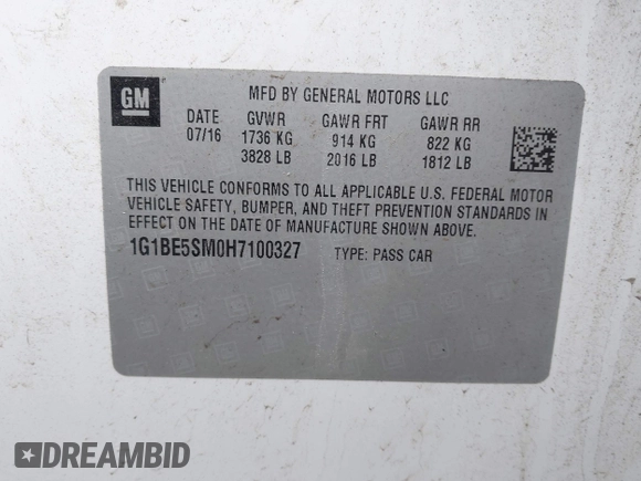 2017 Chevrolet Cruze LT with VIN 1G1BE5SM0H7100327, listed as a IAAI auction lot 42012403 with 122,493 mi miles and . Bid and sale history available at DreamBid. Image 9.