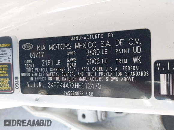 2017 Kia Forte LX with VIN 3KPFK4A7XHE112475, listed as a IAAI auction lot 40762895 with 61,394 mi miles. Bid and sale history available at carsss.com. Image 9.