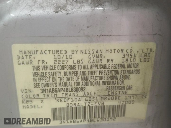 2011 Nissan Sentra SL with VIN 3N1AB6AP4BL630092, listed as a Copart auction lot 60457425 with 136,296 mi miles and Salvage title. Bid and sale history available at DreamBid. Image 13.