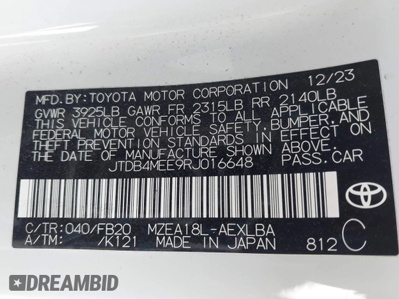 2024 Toyota Corolla LE with VIN JTDB4MEE9RJ016648, listed as a IAAI auction lot 42328776 with 25,915 mi miles and . Bid and sale history available at DreamBid. Image 9.