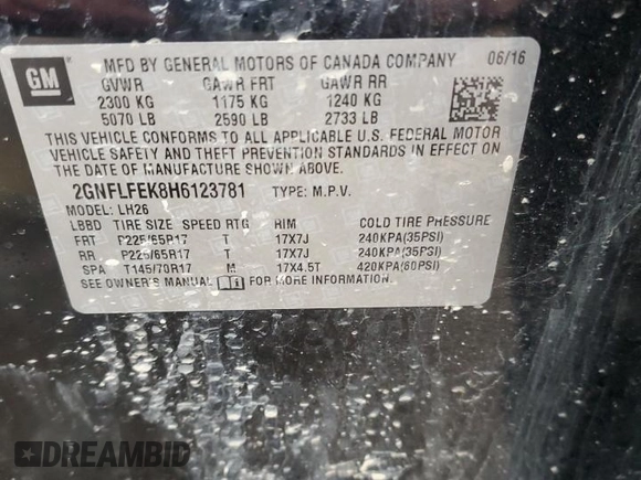 2017 Chevrolet Equinox LT with VIN 2GNFLFEK8H6123781, listed as a Copart auction lot 45032565 with 162,120 mi miles and Non Repairable. Bid and sale history available at DreamBid. Image 14.