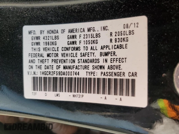 2013 Honda Accord Sport with VIN 1HGCR2F59DA000744, listed as a Copart auction lot 54780135 with 135,850 mi miles and Salvage Title. Bid and sale history available at DreamBid. Image 12.