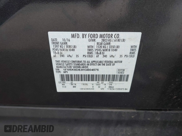 2017 Ford Explorer XLT with VIN 1FM5K8D83HGB04575, listed as a IAAI auction lot 42523277 with 94,272 mi miles and . Bid and sale history available at DreamBid. Image 9.