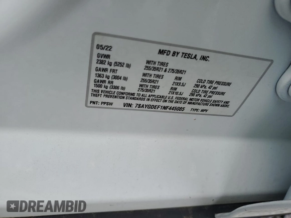 2022 Tesla Model Y Performance with VIN 7SAYGDEF1NF445085, listed as a Copart auction lot 58809495 with 14,832 mi miles and Salvage title. Bid and sale history available at DreamBid. Image 12.