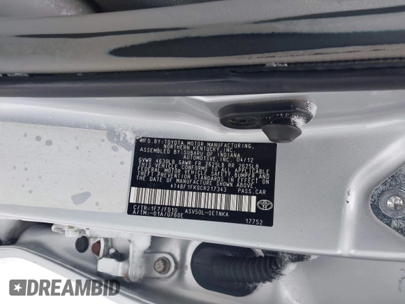 2012 Toyota Camry L with VIN 4T4BF1FK0CR217343, listed as a IAAI auction lot 41490389 with 122,958 mi miles. Bid and sale history available at carsss.com. Image 9.