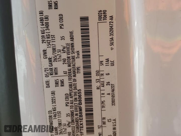2021 Ford F-150 XL с VIN 1FTEX1EB8MFB80655, выставлен на аукционе Copart как лот 53127405 с пробегом 100 100 миль миль и Списание • Salvage title. История ставок и продаж доступна на DreamBid. Изображение 12.