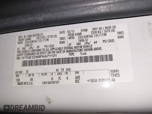 2015 Ford Transit Cargo с VIN 1FTNE1ZM5FKA71131, выставлен на аукционе IAAI как лот 42110889 с пробегом 215 881 миль миль и . История ставок и продаж доступна на DreamBid. Изображение 9.