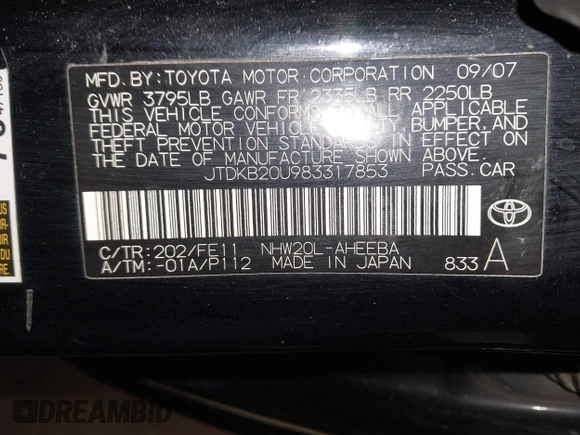 2008 Toyota Prius with VIN JTDKB20U983317853, listed as a IAAI auction lot 42083539 with 225,877 mi miles. Bid and sale history available at carsss.com. Image 9.