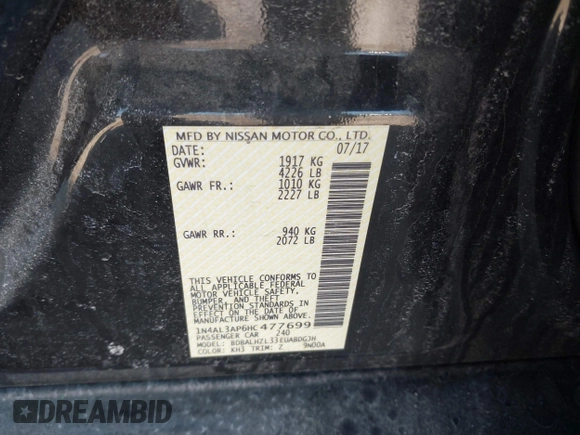 2017 Nissan Altima SV with VIN 1N4AL3AP6HC477699, listed as a IAAI auction lot 41818264 with 117,732 mi miles and . Bid and sale history available at DreamBid. Image 9.
