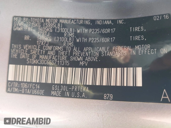 2016 Toyota Sienna LE AAS with VIN 5TDKK3DC6GS711315, listed as a IAAI auction lot 41596447 with 175,413 mi miles. Bid and sale history available at carsss.com. Image 9.