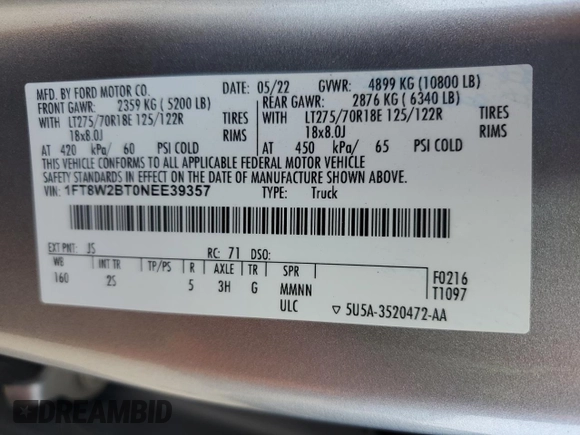 2022 Ford F-250 XL with VIN 1FT8W2BT0NEE39357, listed as a Copart auction lot 62615585 with 54,794 mi miles and Salvage title. Bid and sale history available at DreamBid. Image 12.