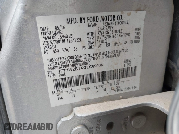 2016 Ford F-250 Lariat with VIN 1FT7W2BTXGEC99008, listed as a IAAI auction lot 42287012 with 236,519 mi miles and . Bid and sale history available at DreamBid. Image 9.
