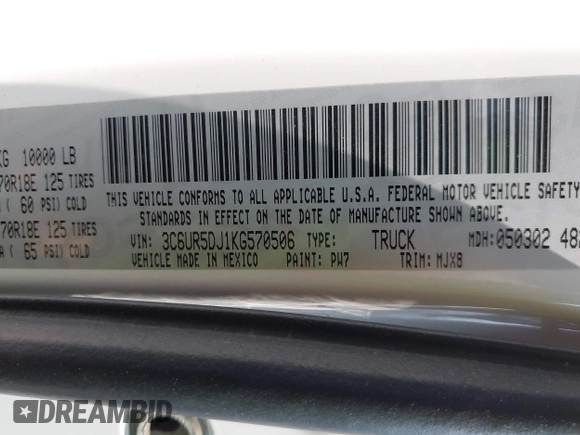 2019 Ram 2500 Big Horn with VIN 3C6UR5DJ1KG570506, listed as a IAAI auction lot 42372500 with 76,161 mi miles and . Bid and sale history available at DreamBid. Image 9.