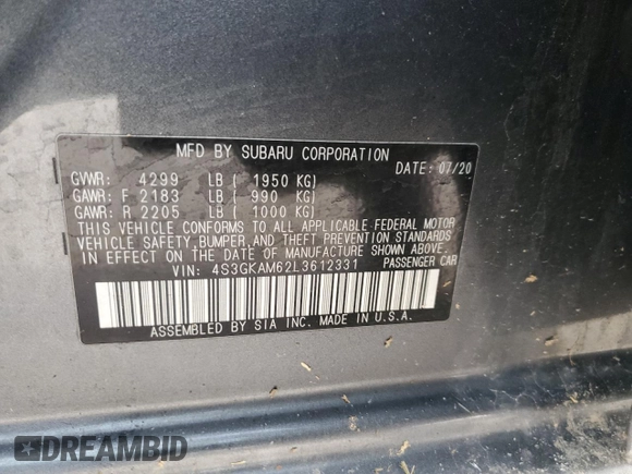 2020 Subaru Impreza Sport with VIN 4S3GKAM62L3612331, listed as a Copart auction lot 68703062 with 0 mi miles. Bid and sale history available at carsss.com. Image 12.