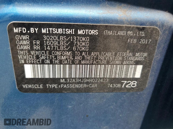 2017 Mitsubishi Mirage ES z VIN ML32A3HJ9HH022423, wystawiony jako Copart lot #53426955 z przebiegiem 89 140 mil mil oraz Szkoda całkowita • Salvage title. Historia ofert i sprzedaży dostępna na DreamBid. Obrazek 13.