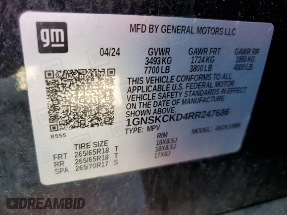 2024 Chevrolet Suburban LT with VIN 1GNSKCKD4RR247686, listed as a Copart auction lot 54845645 with Not Provided miles and Clean Title. Bid and sale history available at DreamBid. Image 13.