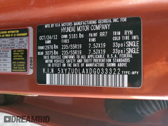 2013 Hyundai Santa Fe Sport z VIN 5XYZUDLAXDG033322, wystawiony jako Copart lot #84943624 z przebiegiem 242 567 mil mil oraz Szkoda całkowita • Salvage title. Historia ofert i sprzedaży dostępna na DreamBid. Obrazek 13.