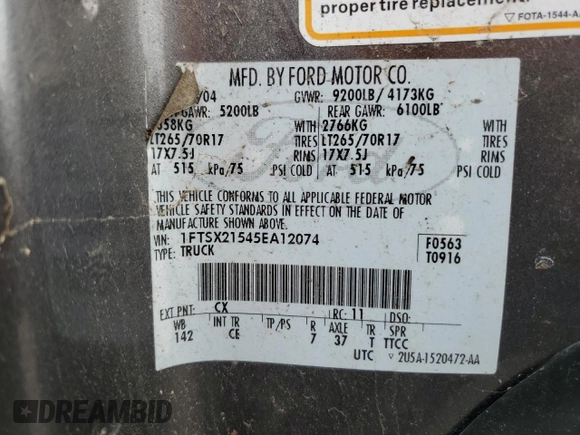 2005 Ford F-250 XL with VIN 1FTSX21545EA12074, listed as a Copart auction lot 50694745 with 174,406 mi miles and Salvage Title. Bid and sale history available at DreamBid. Image 12.