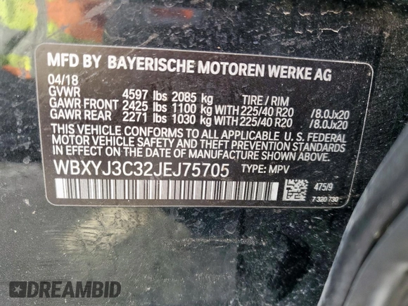2018 BMW X2 sDrive28i z VIN WBXYJ3C32JEJ75705, wystawiony jako Copart lot #50643885 z przebiegiem 112 772 mil mil oraz Szkoda całkowita • Salvage title. Historia ofert i sprzedaży dostępna na DreamBid. Obrazek 13.