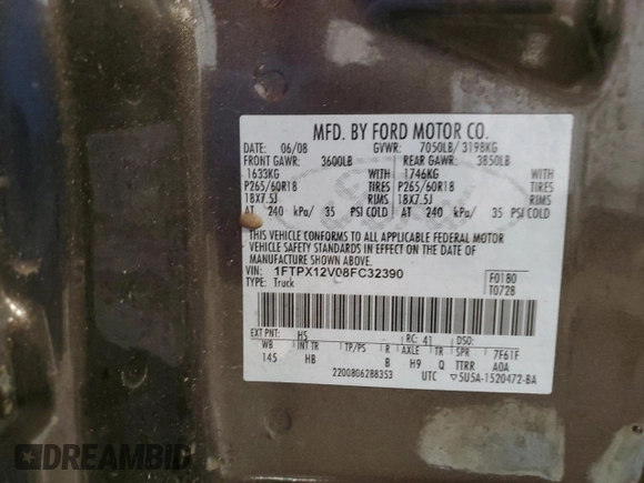 2008 Ford F-150 XL with VIN 1FTPX12V08FC32390, listed as a Copart auction lot 57896965 with 215,005 mi miles and Non repairable. Bid and sale history available at DreamBid. Image 12.