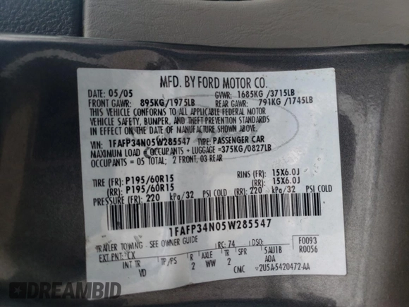 2005 Ford Focus S with VIN 1FAFP34N05W285547, listed as a Copart auction lot 49440865 with 134,354 mi miles and Salvage Title. Bid and sale history available at carsss.com. Image 14.