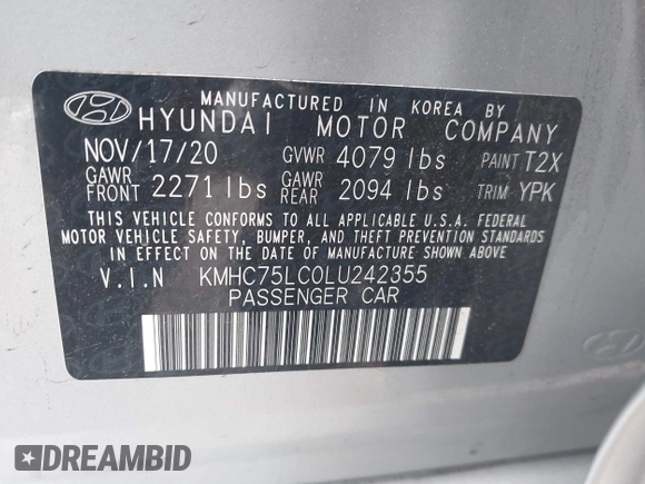 2020 Hyundai Ioniq SE with VIN KMHC75LC0LU242355, listed as a IAAI auction lot 42144438 with 74,120 mi miles and . Bid and sale history available at DreamBid. Image 9.