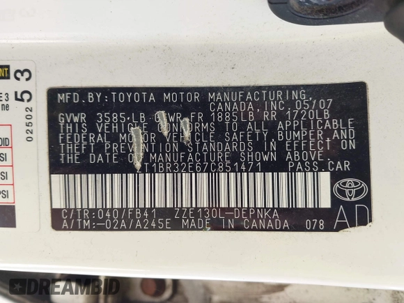 2007 Toyota Corolla CE with VIN 2T1BR32E67C851471, listed as a IAAI auction lot 42361385 with 146,024 mi miles and . Bid and sale history available at DreamBid. Image 9.