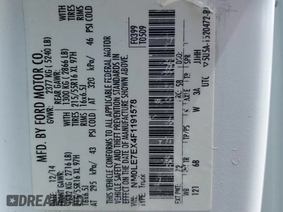 2015 Ford Transit Connect with VIN NM0LE7EX4F1191578, listed as a Copart auction lot 63428285 with 207,588 mi miles and Salvage title. Bid and sale history available at DreamBid. Image 13.