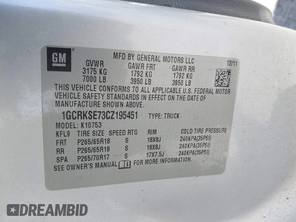2012 Chevrolet Silverado 1500 LT with VIN 1GCRKSE73CZ195451, listed as a IAAI auction lot 41802960 with 277,651 mi miles and . Bid and sale history available at DreamBid. Image 9.