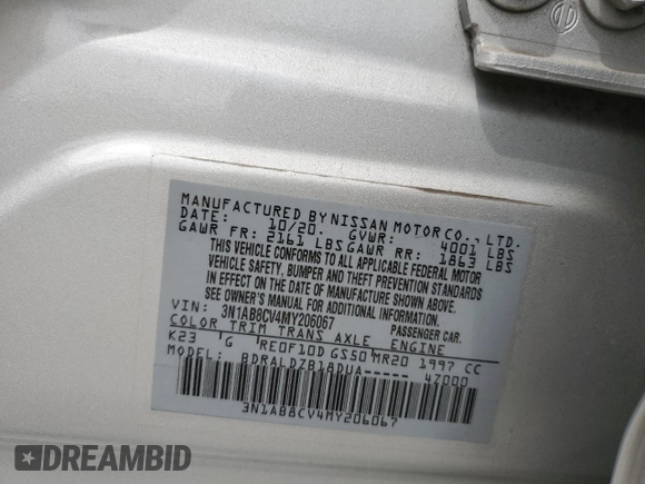 2021 Nissan Sentra SV with VIN 3N1AB8CV4MY206067, listed as a Copart auction lot 54096775 with 66,419 mi miles and Clean Title. Bid and sale history available at DreamBid. Image 12.