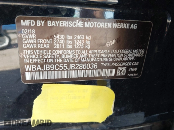 2018 BMW 5 Series M550i xDrive with VIN WBAJB9C55JB286036, listed as a IAAI auction lot 41738640 with 79,049 mi miles and . Bid and sale history available at DreamBid. Image 9.