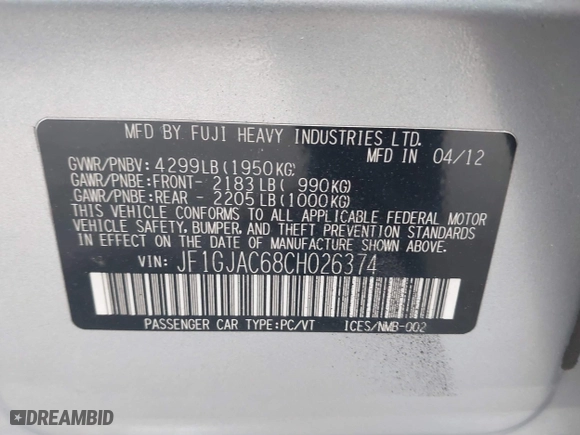 2012 Subaru Impreza Sedan 2.0i Premium with VIN JF1GJAC68CH026374, listed as a IAAI auction lot 42063409 with 160,167 mi miles. Bid and sale history available at carsss.com. Image 9.
