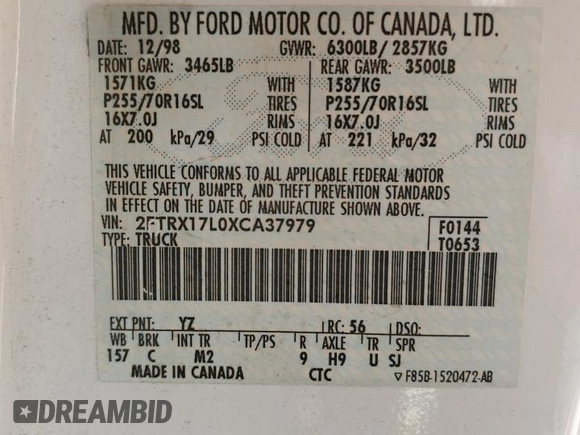 1999 Ford F-150 with VIN 2FTRX17L0XCA37979, listed as a Copart auction lot 58216695 with 256,055 mi miles and Clean title. Bid and sale history available at DreamBid. Image 12.