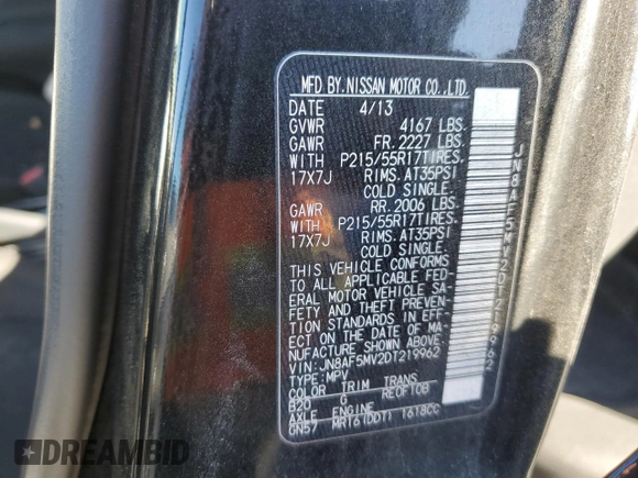 2013 Nissan Juke Nismo with VIN JN8AF5MV2DT219962, listed as a Copart auction lot 81931834 with 139,448 mi miles and Salvage Title. Bid and sale history available at DreamBid. Image 13.