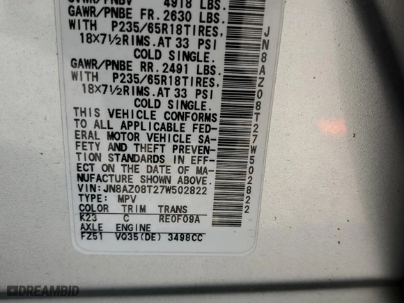 2007 Nissan Murano SL with VIN JN8AZ08T27W502822, listed as a Copart auction lot 52360265 with 133,853 mi miles and Clean Title. Bid and sale history available at carsss.com. Image 13.