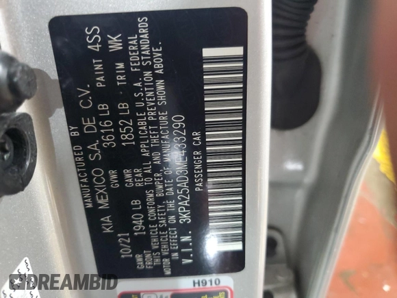 2021 Kia Rio S with VIN 3KPA25AD3ME433290, listed as a Copart auction lot 53537425 with 18,285 mi miles and Salvage Title. Bid and sale history available at DreamBid. Image 12.