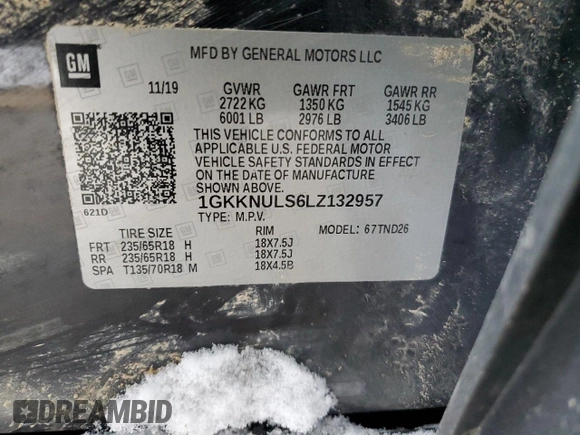 2020 GMC Acadia SLT with VIN 1GKKNULS6LZ132957, listed as a Copart auction lot 44525725 with 140,060 mi miles and Salvage Title. Bid and sale history available at DreamBid. Image 13.