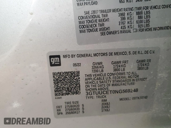 2022 GMC Sierra 1500 Elevation z VIN 3GTUUCET0NG569248, wystawiony jako Copart lot #88675455 z przebiegiem 72 416 mil mil oraz Szkoda całkowita • Salvage title. Historia ofert i sprzedaży dostępna na DreamBid. Obrazek 12.