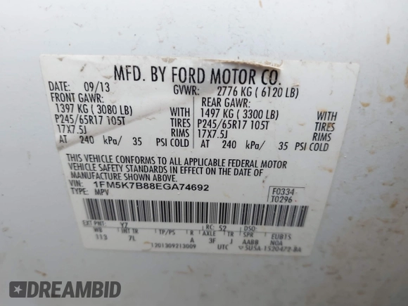 2014 Ford Explorer with VIN 1FM5K7B88EGA74692, listed as a IAAI auction lot 41540061 with 274,471 mi miles and . Bid and sale history available at DreamBid. Image 9.