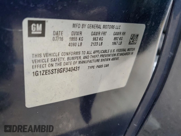 2016 Chevrolet Malibu LT with VIN 1G1ZE5ST8GF340431, listed as a Copart auction lot 43721325 with 138,059 mi miles and Salvage Title. Bid and sale history available at DreamBid. Image 12.