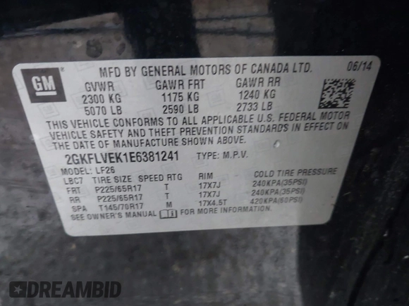 2014 GMC Terrain SLE with VIN 2GKFLVEK1E6381241, listed as a IAAI auction lot 42332326 with 93,216 mi miles and . Bid and sale history available at DreamBid. Image 9.