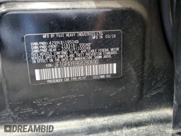 2016 Subaru Impreza Special Sports Limited with VIN JF1GPAY69G8280690, listed as a Copart auction lot 45509675 with 101,558 mi miles and Salvage title. Bid and sale history available at DreamBid. Image 13.