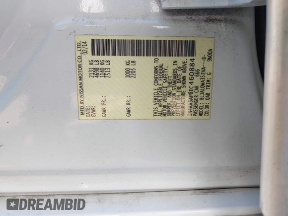 2014 Nissan Maxima SV with VIN 1N4AA5AP8EC460884, listed as a IAAI auction lot 42030564 with 189,108 mi miles and . Bid and sale history available at DreamBid. Image 9.