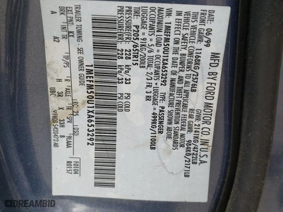 1999 Mercury Sable GS with VIN 1MEFM50U1XA653292, listed as a Copart auction lot 51307905 with 210,945 mi miles and Salvage Title. Bid and sale history available at carsss.com. Image 12.