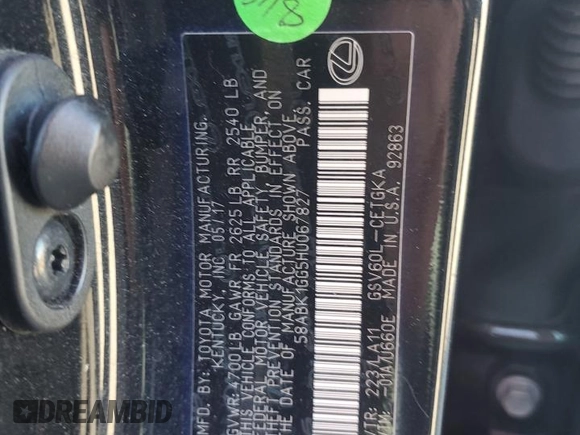 2017 Lexus ES with VIN 58ABK1GG5HU067827, listed as a Copart auction lot 50538355 with 104,380 mi miles and Salvage Title. Bid and sale history available at carsss.com. Image 12.