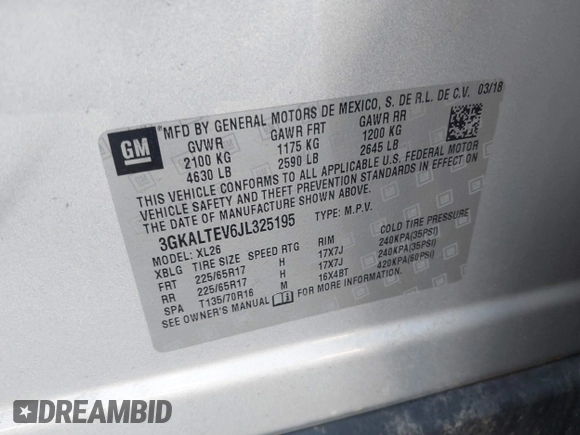 2018 GMC Terrain SLE with VIN 3GKALTEV6JL325195, listed as a IAAI auction lot 41561687 with 148,423 mi miles. Bid and sale history available at carsss.com. Image 9.