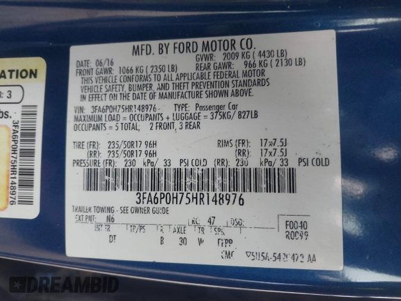 2017 Ford Fusion SE with VIN 3FA6P0H75HR148976, listed as a IAAI auction lot 42325494 with 179,567 mi miles and . Bid and sale history available at DreamBid. Image 9.
